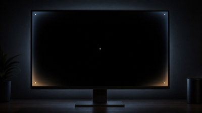 Generated illustration of a monitor showing a full black screen with edge glow and pixel markers.