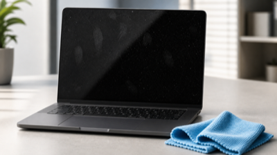 Generated illustration of a black laptop screen revealing fingerprints and dust beside a microfiber cloth.